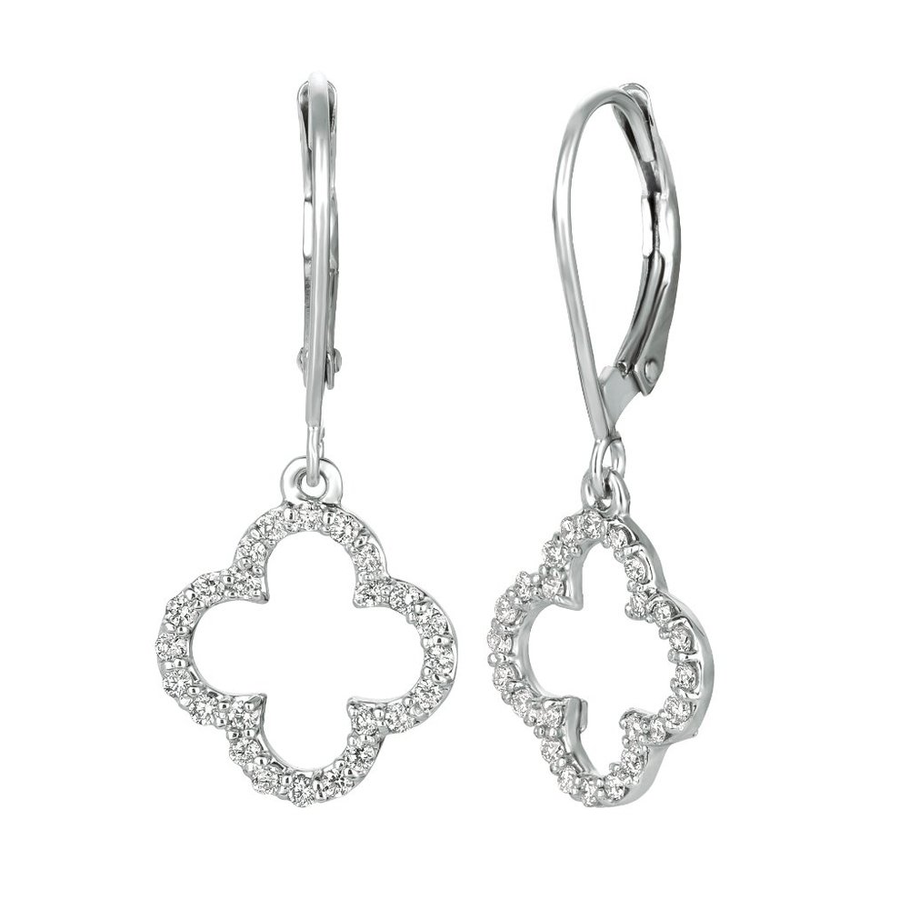 0.4 CT Diamond Clover Drop Earrings 14k White Gold